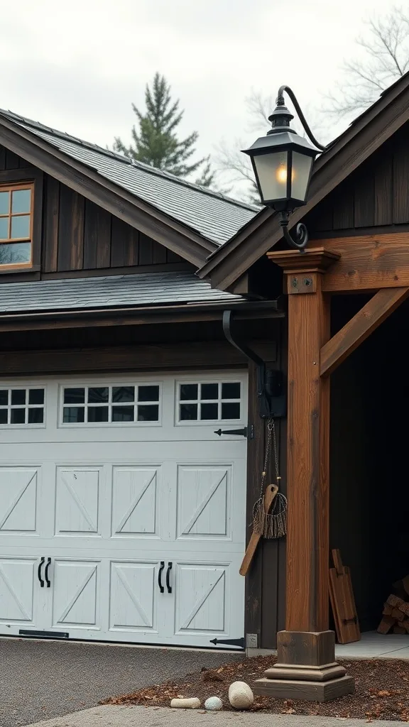 Rustic wooden post light by the garage, enhancing exterior lighting.