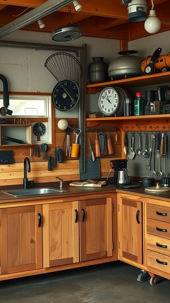 A rustic wooden garage cabinet with tools, a coffee maker, and a sink.