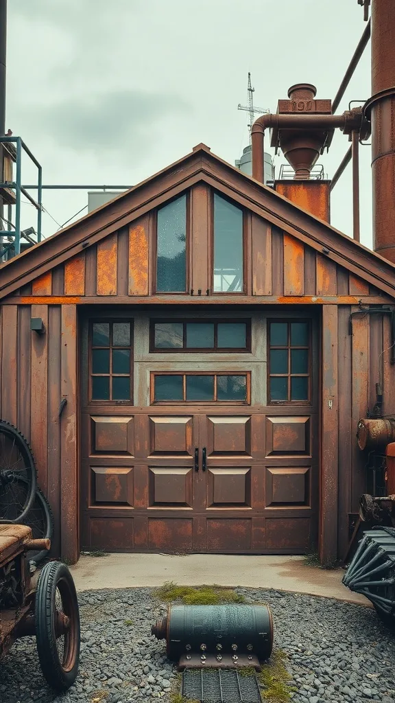 A garage with a rusty copper exterior color, featuring a wooden door and industrial elements.