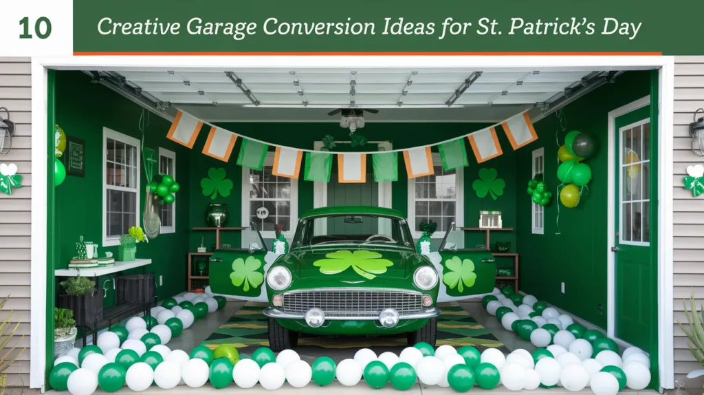 A blog featured image with the text "10 Creative Garage Conversion Ideas for St. Patrick's Day". The image itself contains a St. Patrick's Day themed garage conversion. There's a green car with shamrocks painted on it. The walls are painted green. There are Irish flags and shamrock decorations around the garage. The floor is covered with white and green balloons.