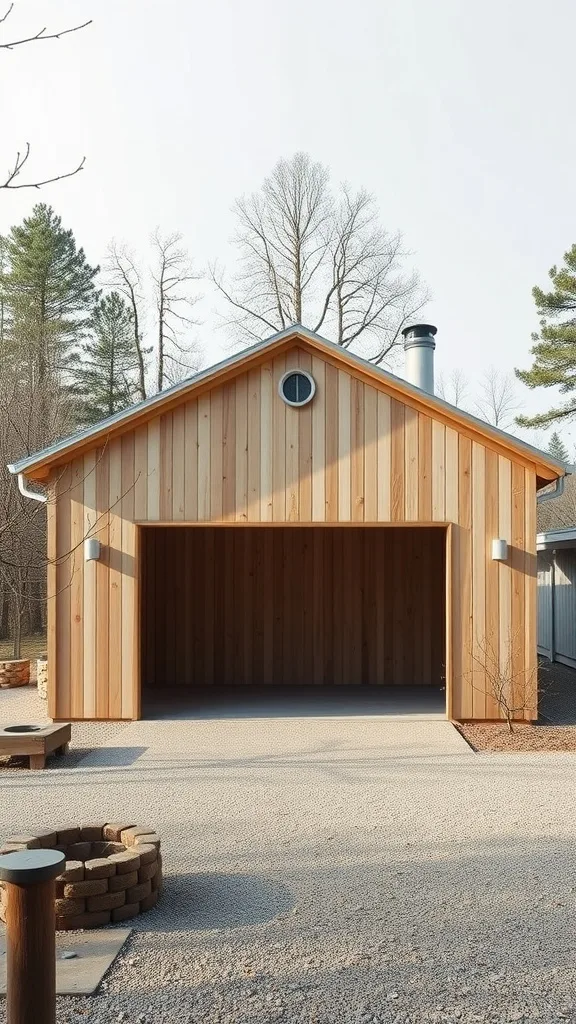 Scandinavian garage made of light wood, featuring a simple design and a gravel driveway.