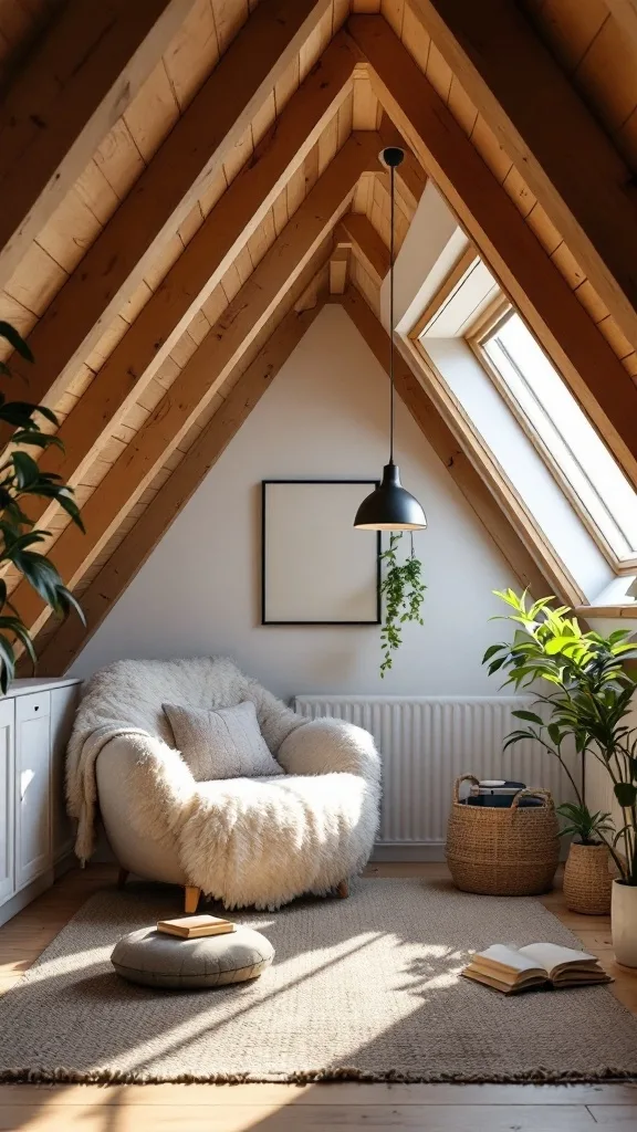 Cozy attic apartment with wooden beams, fluffy chair, and plants.