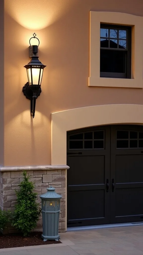 Image of a garage with decorative sconce lights on the exterior wall.