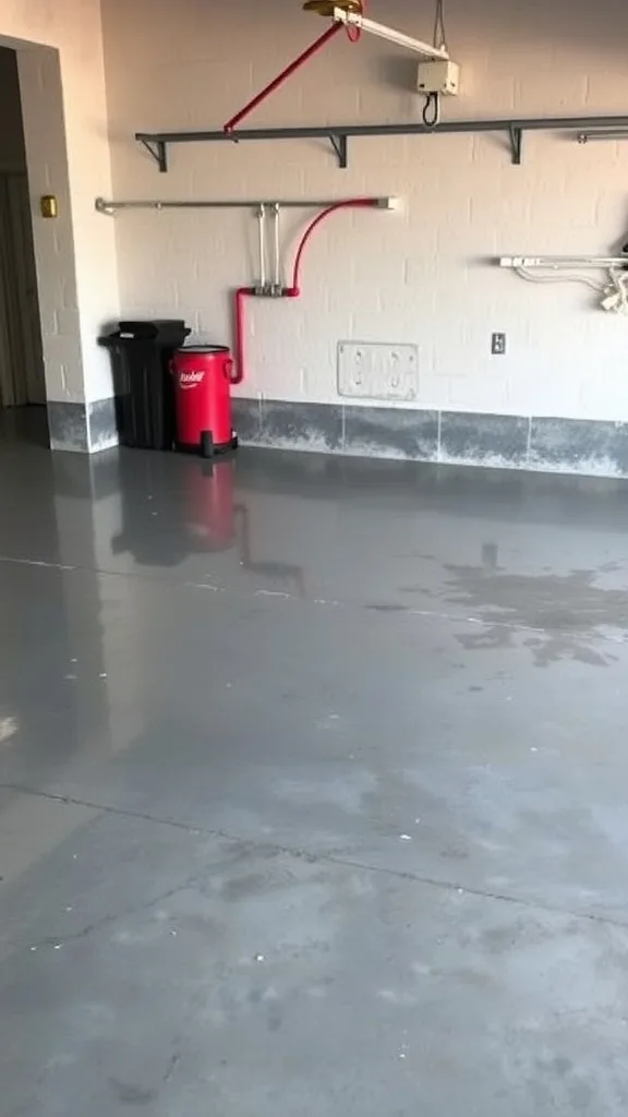 A clean, sealed concrete floor in a metal garage with storage options on the wall.