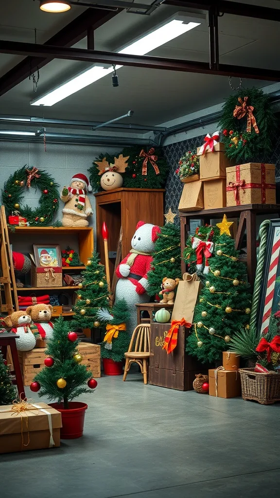 A garage decorated for the holiday season with Christmas trees, wreaths, and festive ornaments.