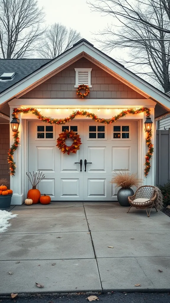 A cozy garage decorated for autumn with wreaths, pumpkins, and string lights.