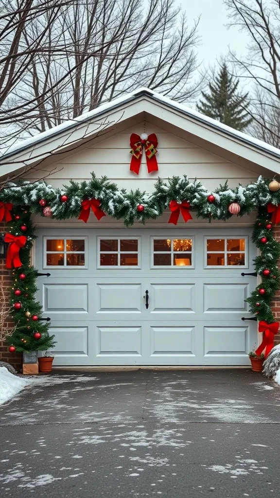 A beautifully decorated winter garage door with evergreen garlands, red bows, and ornaments.