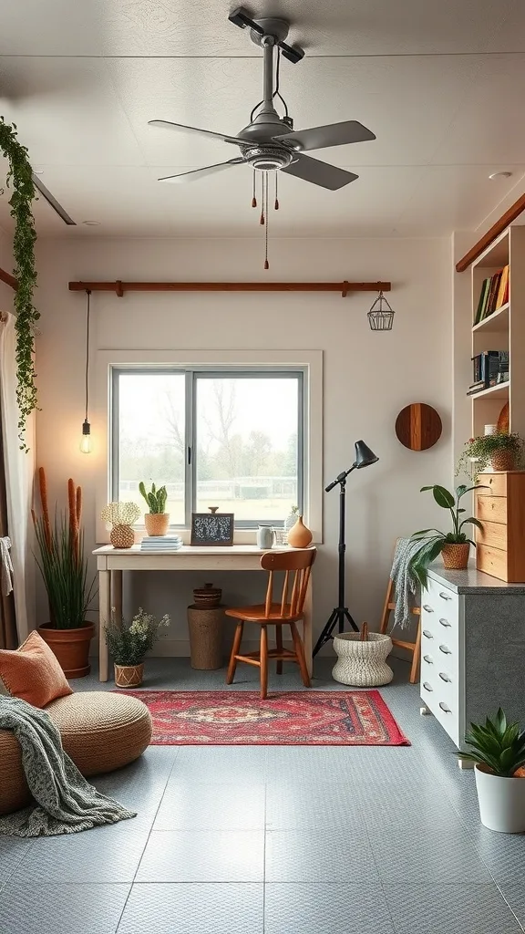 A serene art studio with plants, a desk by the window, and a cozy setup.