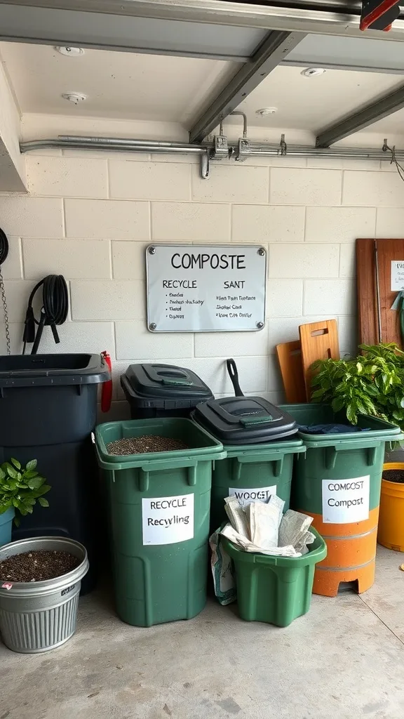 A garage recycling and compost station with labeled bins and plants