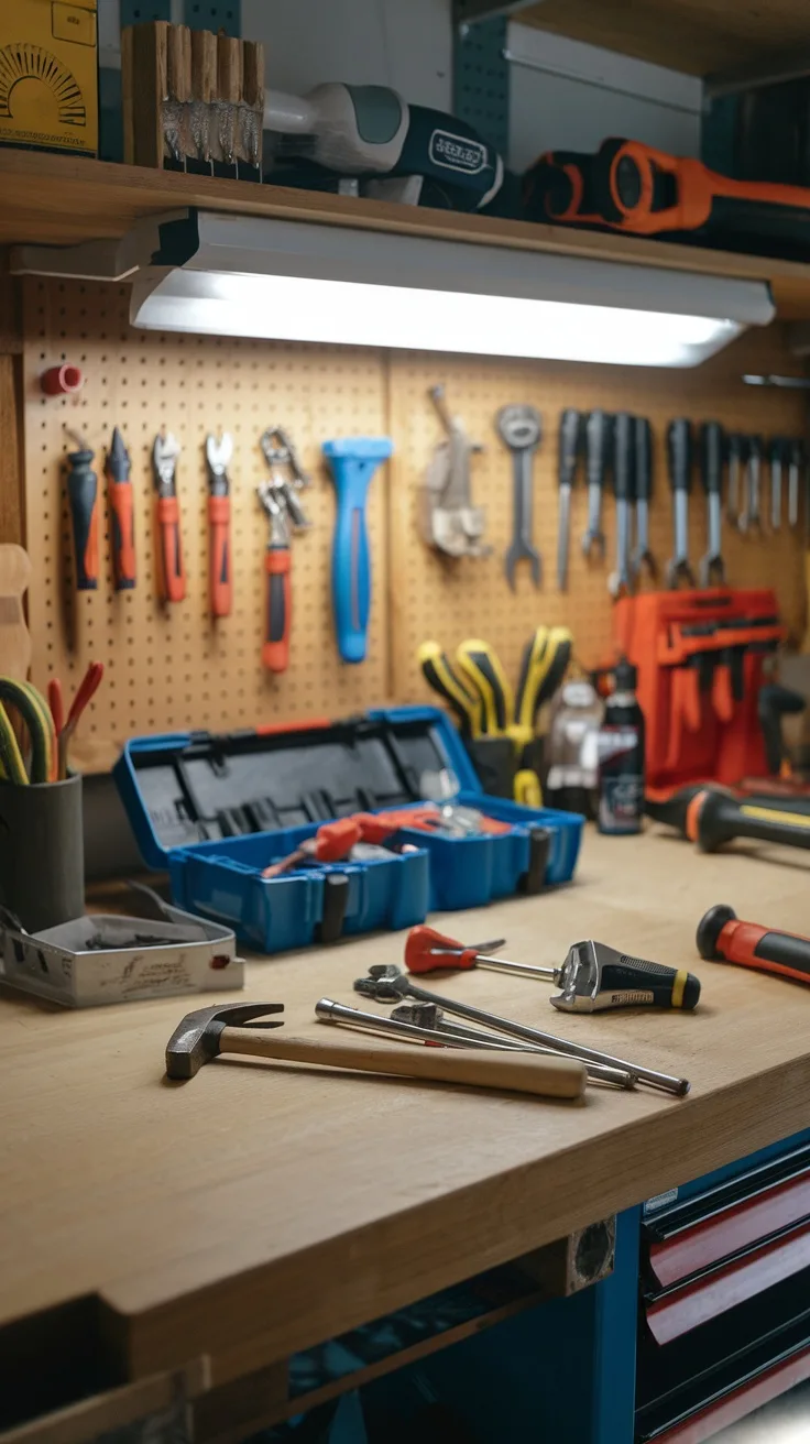 A well-organized wooden workbench with various tools and good lighting in a garage setting.