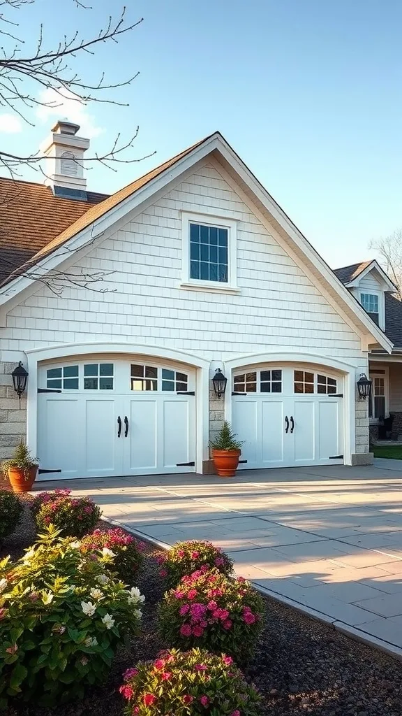 Shaker style garage doors on a farmhouse with a landscaped driveway.