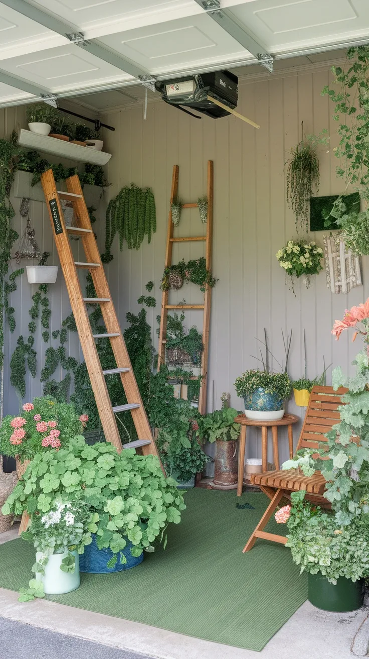 A green-themed garden retreat in a garage with wooden ladders, potted plants, and flowers, perfect for St. Patrick's Day.