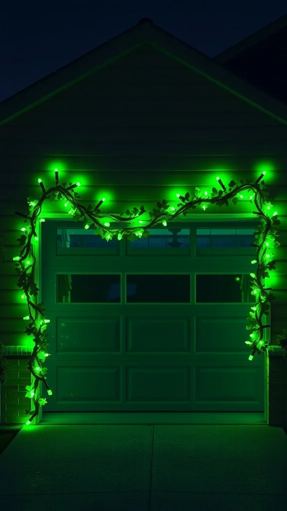 A green shamrock garland with lights adorning a garage entrance.