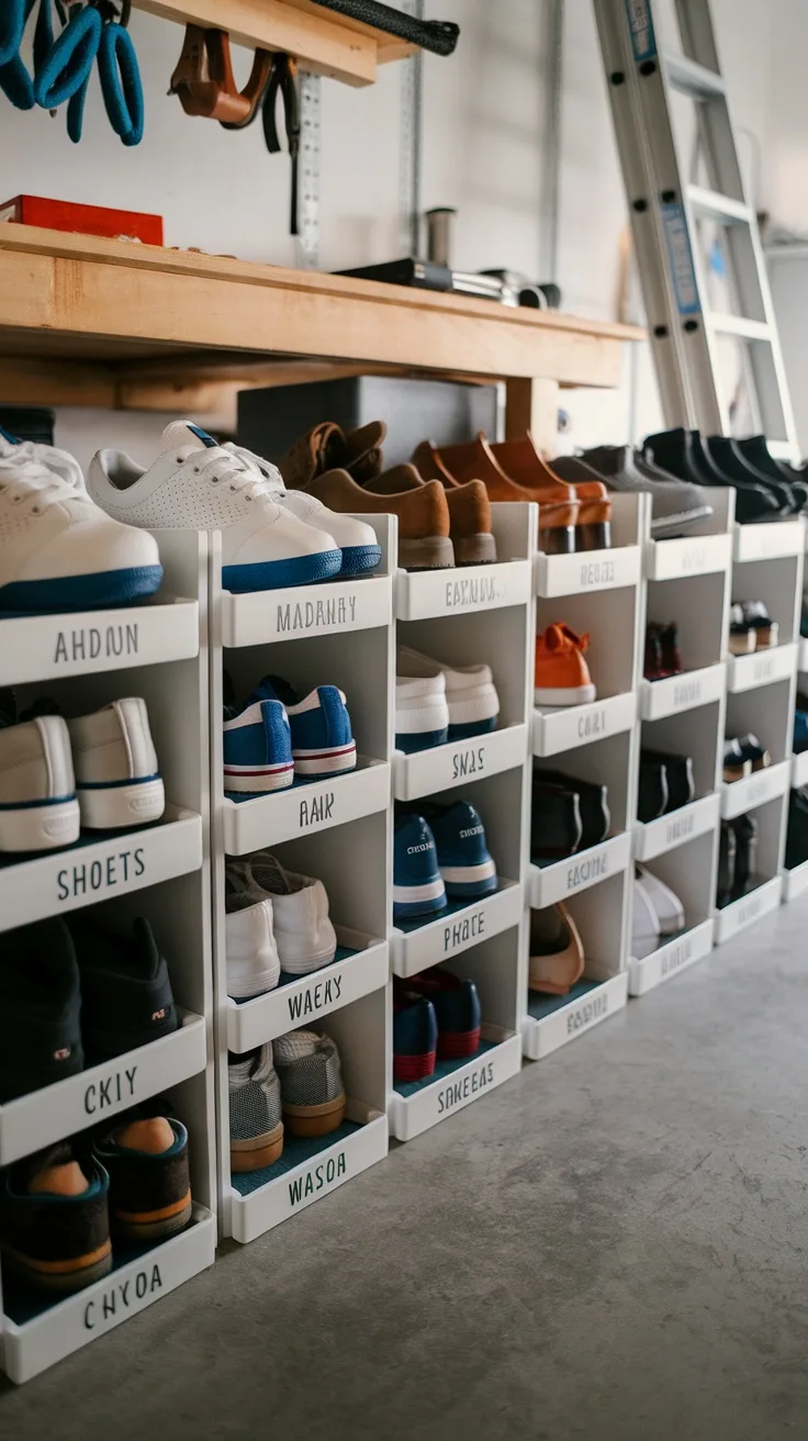 Shoe cubbies organized in a garage with various pairs of shoes labeled for family use.