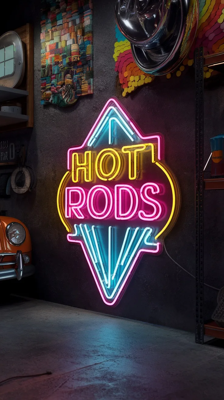 A neon sign that says 'HOT RODS' in bright colors, showcasing retro vibes in a garage setting.