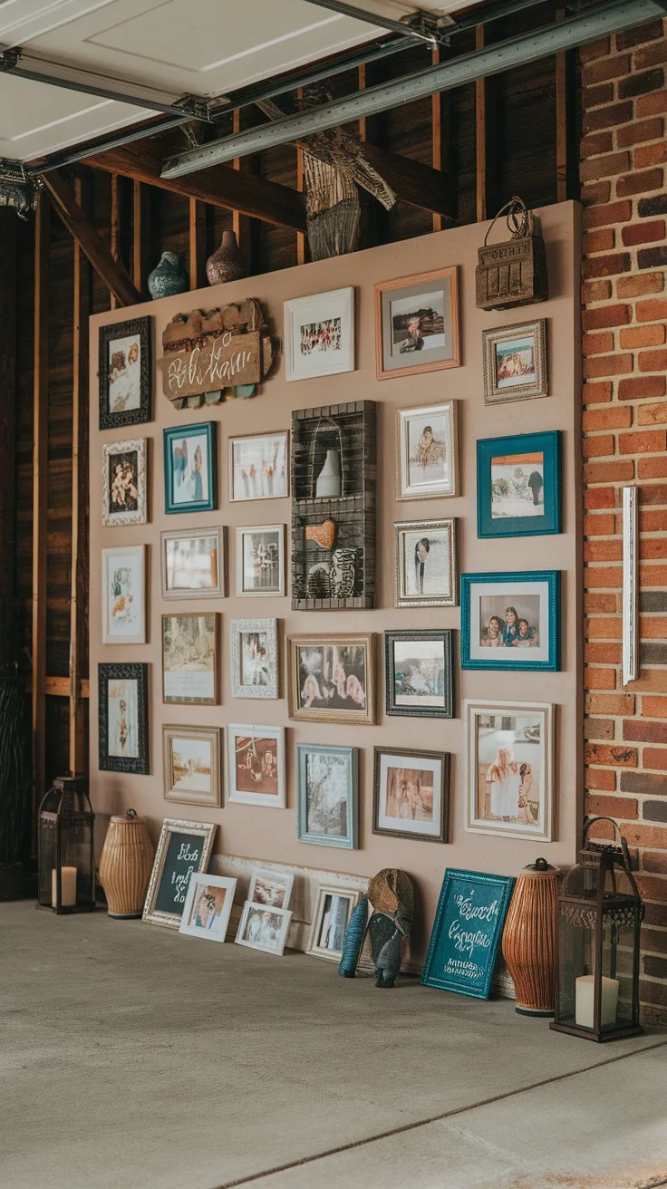 A wall display in a garage featuring various family photos in different frames, alongside decorative elements like vases and lanterns.