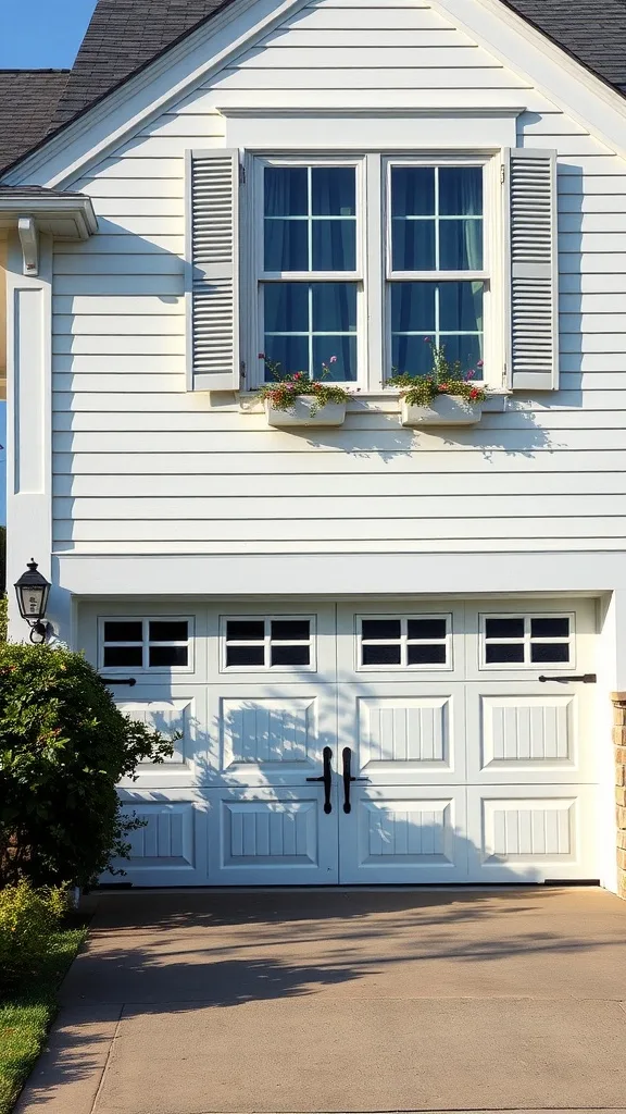 A house with shuttered garage doors, a large window with flower boxes, and a well-maintained yard.