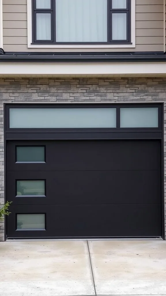 Modern garage door with a sleek black frame and frosted glass panels