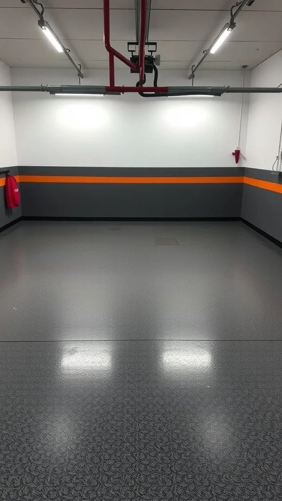 A garage with sleek charcoal gray epoxy flooring and an orange stripe on the wall