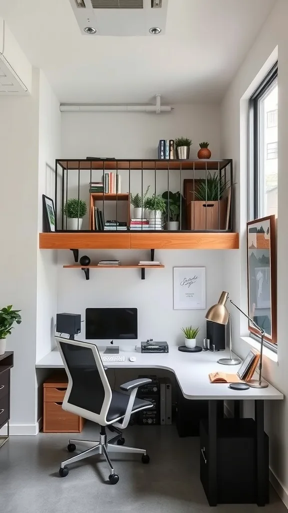 A modern home office setup in an above garage apartment featuring a spacious desk, ergonomic chair, decorative plants, and natural light.