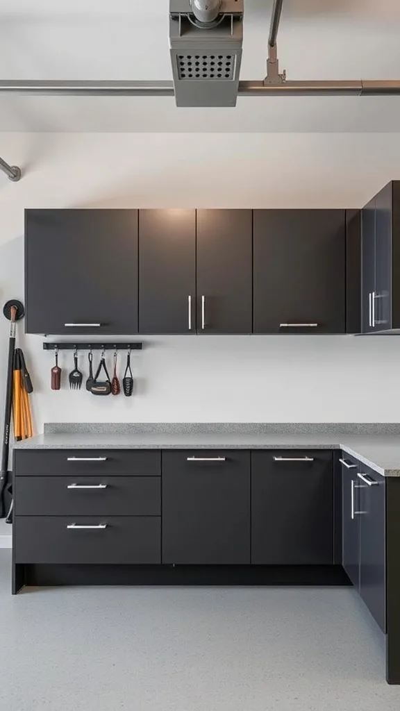 Sleek minimalist garage cabinets in dark color with countertop