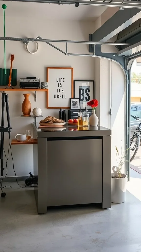 A sleek modern mini bar setup in a garage with stylish decor and a minimalist design.