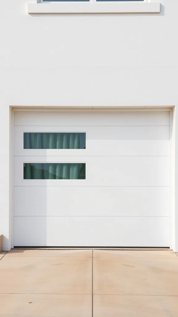 A modern white garage door featuring horizontal window bands.