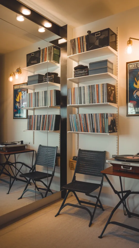 A photo of a small but efficiently arranged man cave. There are wall-mounted storage shelves filled with books and collectibles. There are foldable chairs. There are strategically placed mirrors on the wall, creating the illusion of more space. The room has a vintage feel, with a record player and a poster of a classic rock band on the wall. The lighting is warm and inviting.