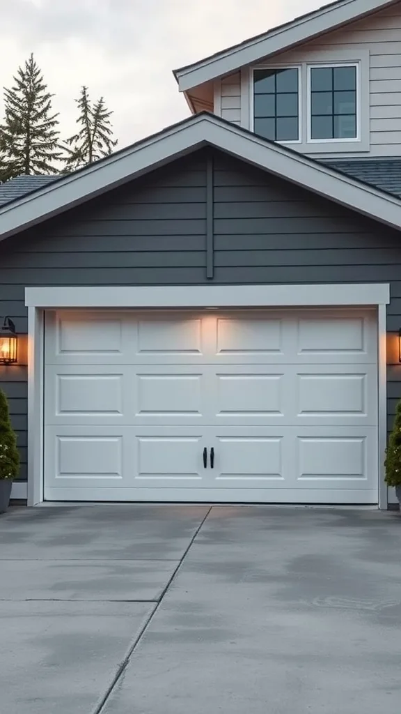 A modern white garage door with stylish lighting, set against a contemporary home backdrop.