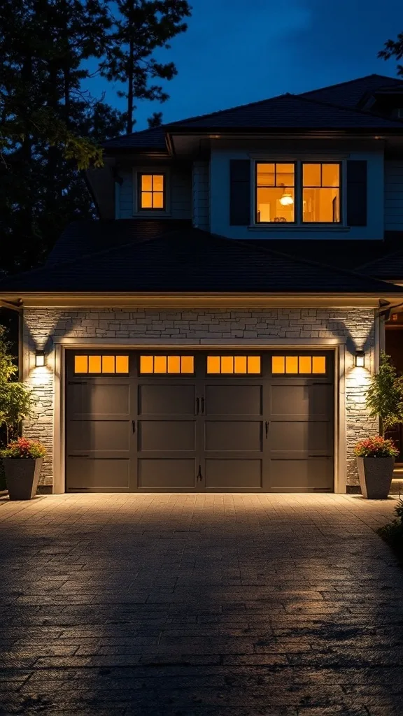 A well-lit garage exterior with smart lighting