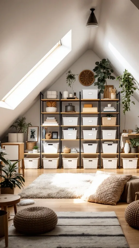 A well-organized attic space with modern storage solutions, bright light, and cozy decor.