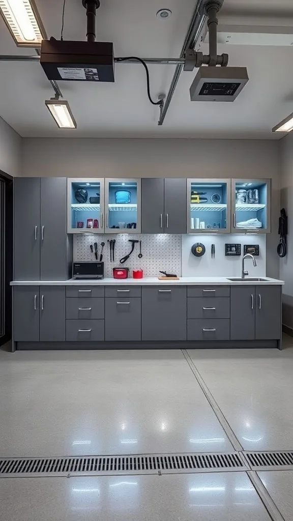 A modern garage with sleek cabinets featuring blue backlighting and organized tools.