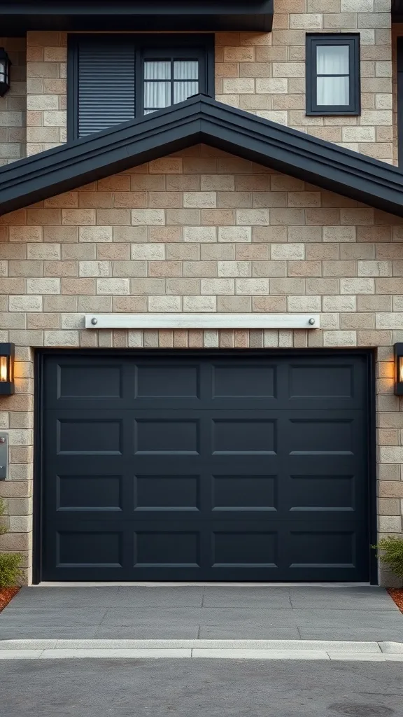 A stylish black garage door with modern design elements.