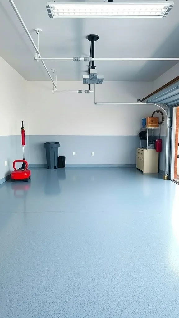 A garage with soft blue epoxy flooring and white walls, featuring tidy storage elements.