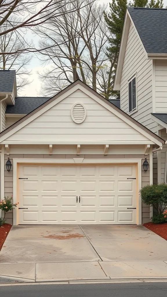 A soft cream colored garage with a simple design, surrounded by greenery and trees.