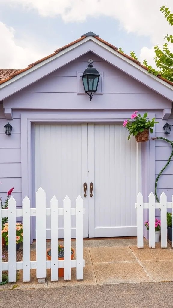 A garage exterior painted in soft lavender with white accents and a picket fence.