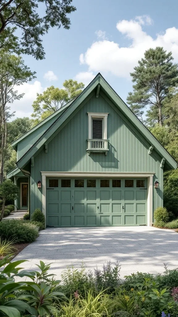 A garage painted in soft sage green surrounded by lush greenery