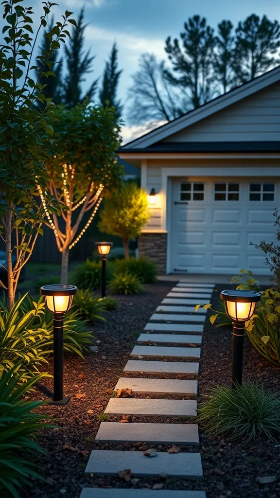 Pathway lined with solar-powered garden lights leading to a garage