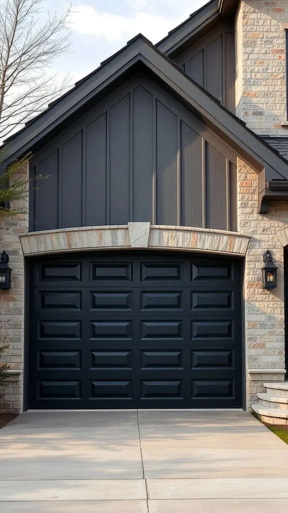 Sophisticated paneled black garage door with a modern design against a stone house