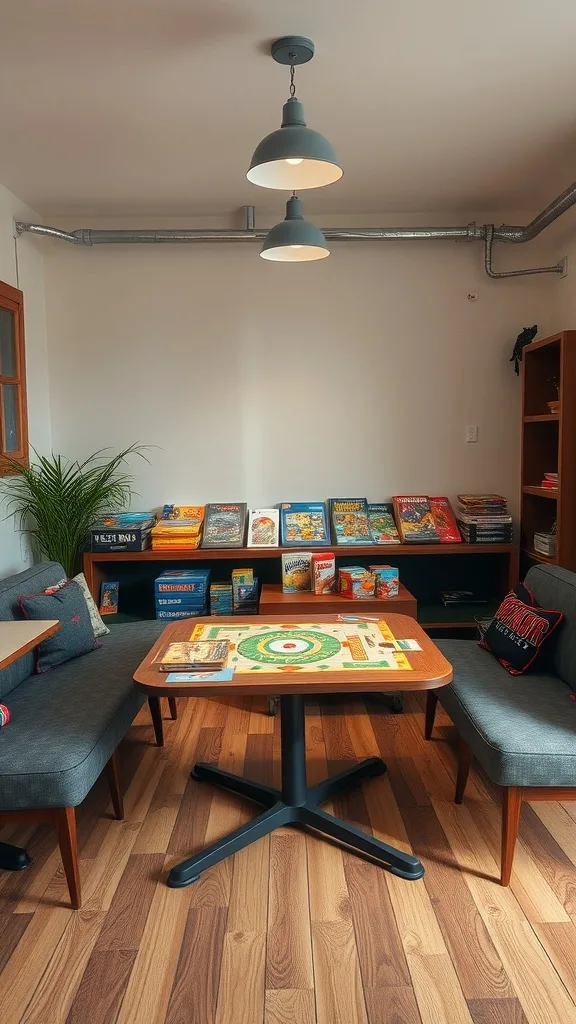 A cozy board game area in a garage man cave with a table, seating, and shelves of games.