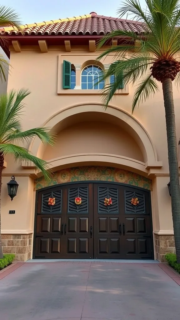 Spanish Revival garage with arched doorways and decorative wooden doors, surrounded by palm trees