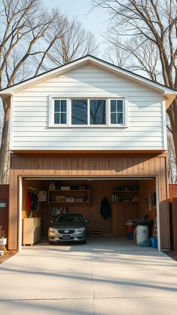 Split-level garage with elevated storage and a parked car in front