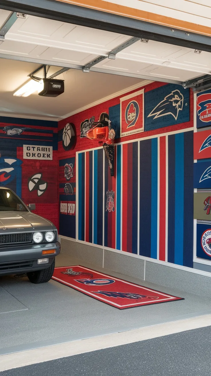 A garage with sport-themed walls showcasing various team logos and colors, featuring basketball and baseball memorabilia.