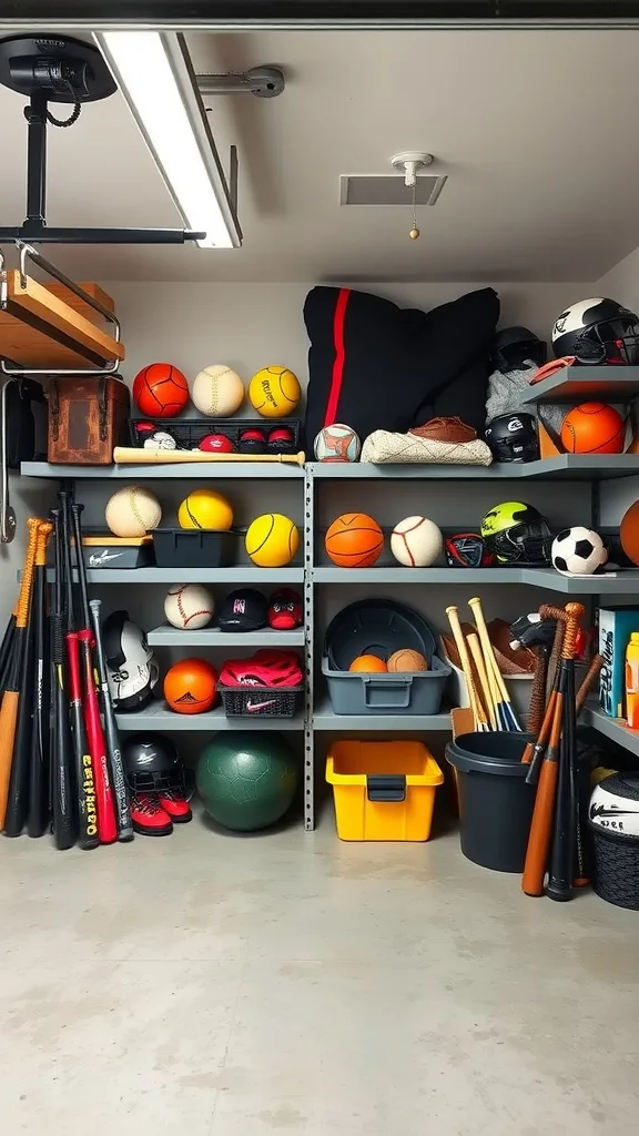 Organized garage with sports equipment on shelves, including balls and bats.