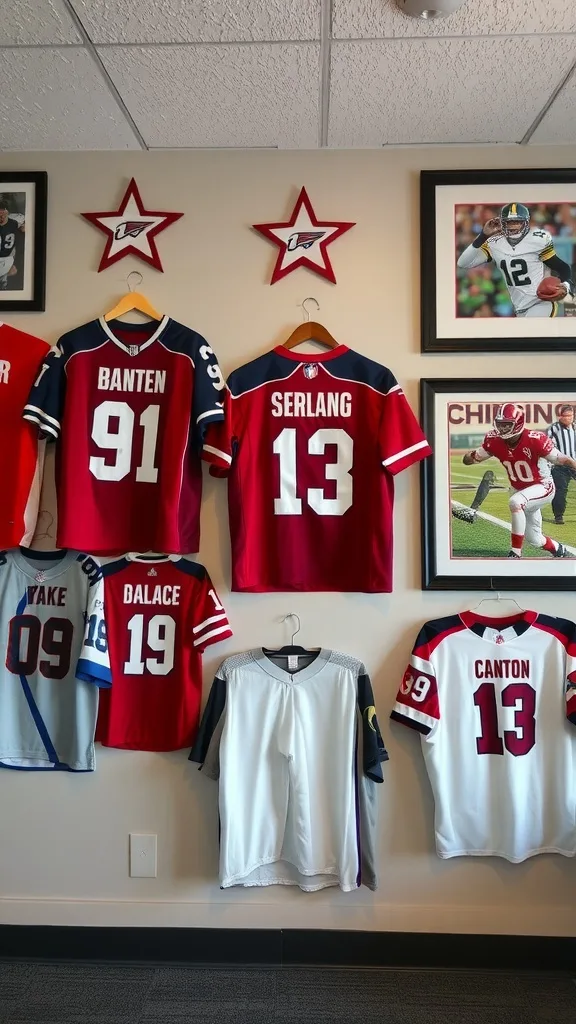 A wall displaying various sports jerseys and framed sports photos, showcasing a sports fanatic theme.