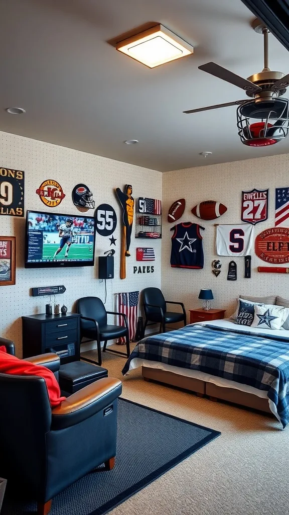 A cozy garage bedroom setup featuring sports memorabilia, a TV, and comfortable seating.