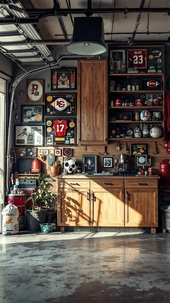 A stylish garage display featuring sports memorabilia, including jerseys, trophies, and framed photos on wooden shelves.