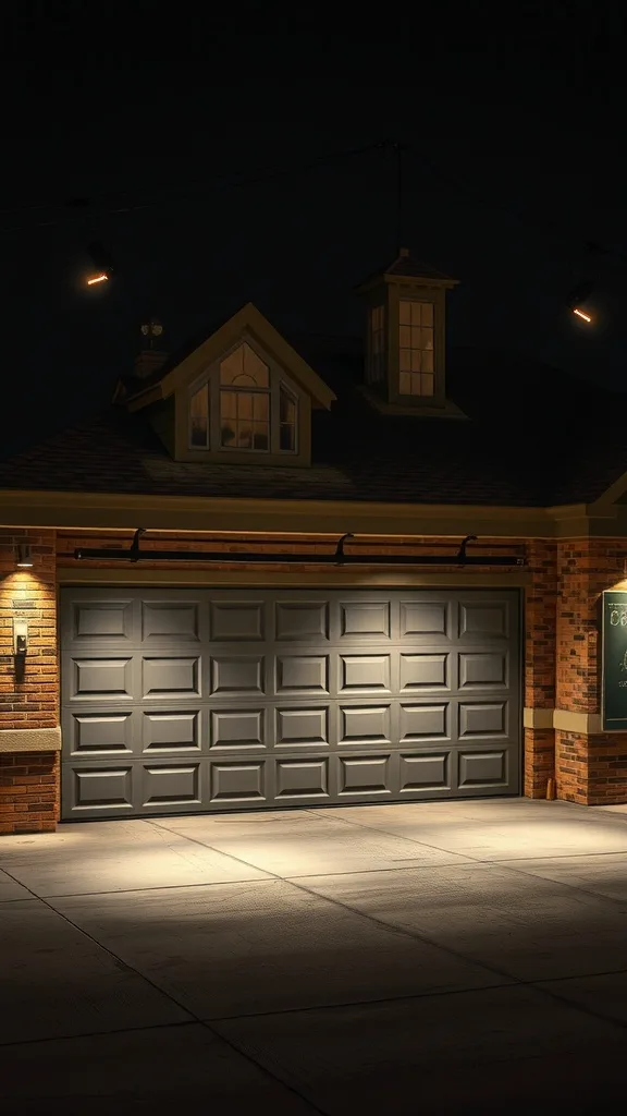 A well-lit garage showcasing architectural details with spotlights.