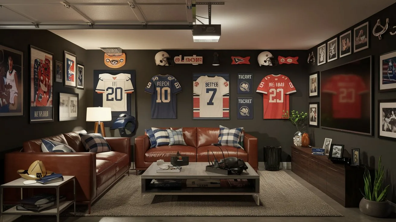 A cozy and masculine living space, a garage transformed into a man cave. There's a comfortable leather sofa and a sleek coffee table. The room is dimly lit, with a lamp near the sofa. The walls are decorated with sports memorabilia, including signed jerseys, helmets, and framed photos. There's also a large screen TV mounted on the wall. A few personal items, such as a hat and a toy car, sit on the coffee table. The floor is covered with a rug, and there's a small plant in a pot near the sofa.