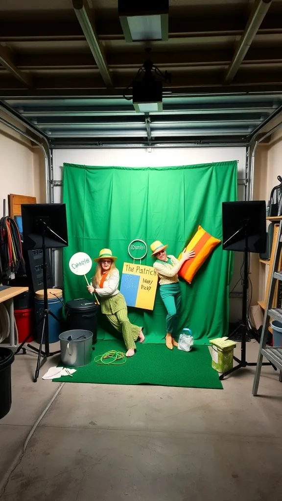 St. Patrick's Day themed photo booth setup with green backdrop and props.